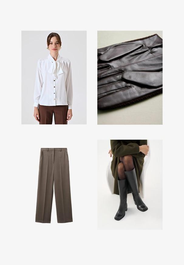 Zwarte double-breasted jas met een crèmekleurige kraag, voorzien van twee frontzakken, een op maat gemaakte uitstraling en een zachte textuur.; Witte blouse met een strikje kraag, lange mouwen, knoopsluiting aan de voorkant en een subtiele glans. Bevat lichtgekleurde knopen en een gladde stofstructuur.; Wijde broekspijpen in een gedempte bruine stof met een gladde textuur, voorzien van twee voorzakken en een op maat gemaakte tailleband.; Knieschijf hoge zwarte leren laarzen met een vierkante neus en blokhak, getoond met een model dat zit in een olijfgroene jas. Gladde textuur, minimale details.; Bruine leren handschoenen met een gladde textuur, voorzien van vijf vingers, een elastische pols en decoratieve stitching langs de rand.