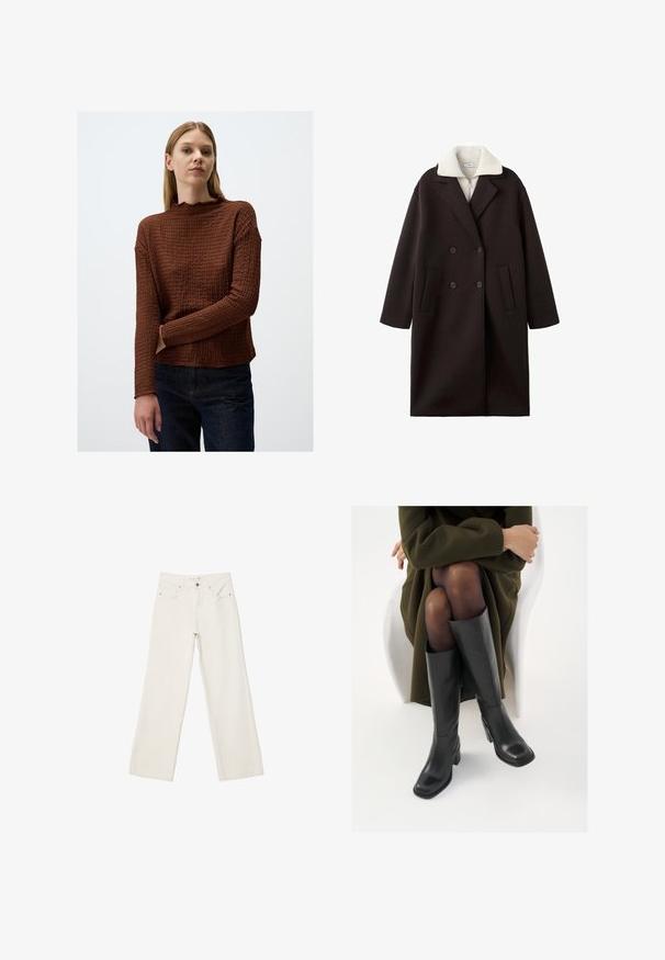 Manteau noir à double boutonnage avec un col crème, dotée de deux poches avant, au design ajusté et à la texture douce.; Un pull long à manches longues de couleur brune avec un col festonné, une coupe ample et des manches côtelées, associé à un jean en denim foncé.; Jean blanc à jambe large en denim, avec une taille haute, des poches avant et une fermeture à bouton. Design épuré avec des accents minimalistes.; Bottes en cuir noires arrivant au genou, avec un bout carré et un talon carré, présentées sur un modèle assis dans un manteau vert olive. Texture lisse, détails minimaux.