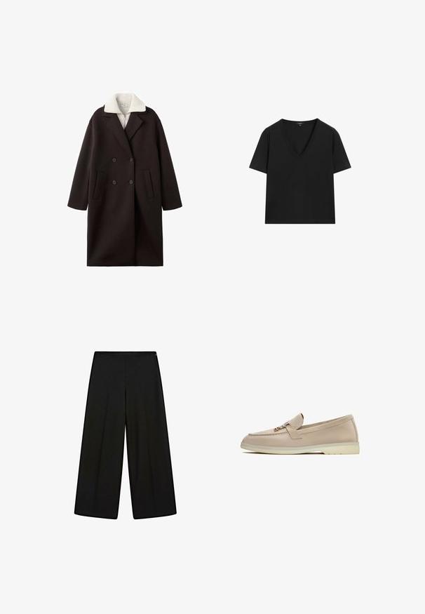 Sort dobbeltradet frakke med en cremefarvet krave, der har to forlommer, skræddersyet design og en blød tekstur.; Sort kortærmet V-hals T-shirt med et simpelt, tætsiddende design på en hvid baggrund.; Sorte vide bukser lavet af blødt stof, med høj talje og plisseringer, der har en glat tekstur og ingen synlige dekorationer.; Beige loafers med en glat tekstiloverdel, dekorativ rem, hardware i guld-tone og en lav gummisål. Klassisk design med pæne sømme.