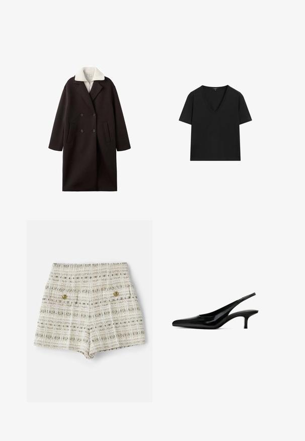 Black double-breasted coat with a cream collar, featuring two front pockets, tailored design, and a soft texture.; Black short-sleeve V-neck T-shirt with a simple, fitted design on a white background.; sandro SHORT - Shorts - ecru; Black pointed-toe slingback shoe with a glossy leather finish and a thin, low heel. Features a cutout on the side for breathability.