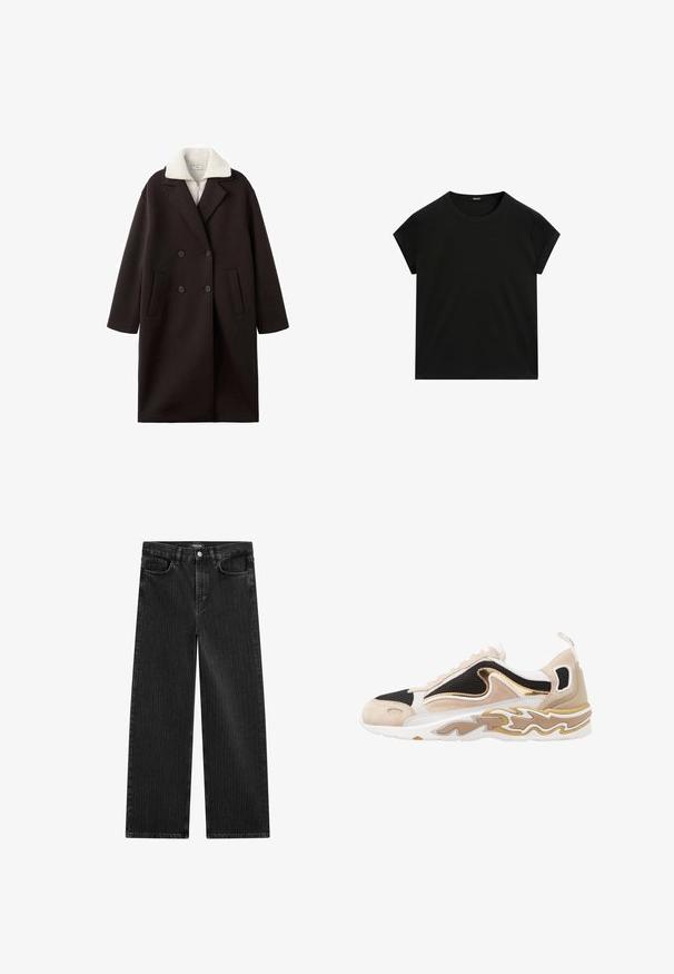 Black double-breasted coat with a cream collar, featuring two front pockets, tailored design, and a soft texture.; Black short-sleeve crew neck t-shirt with a straight hem, displayed flat on a white background.; Wide-leg black denim jeans with a subtle vertical stripe pattern, featuring five-pocket design and a classic button closure at the waist.; Sneaker with a black mesh upper, tan suede accents, and a gold metallic detail. Features a white sole with a wave pattern design.