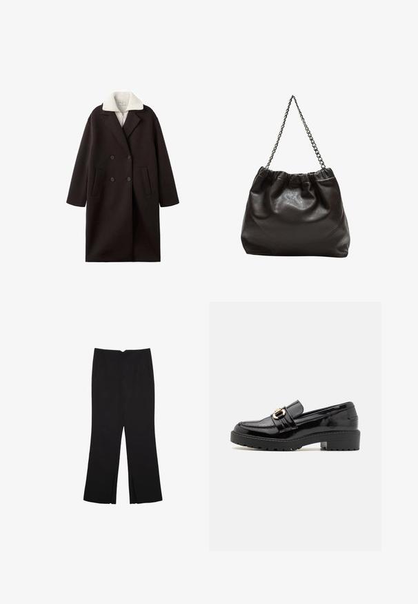 Černý dvouřadý kabát se smetanovým límcem, vybavený dvěma předními kapsami, s elegantním střihem a měkkou texturou.; Hnědé, jednodílné plavky s vysokým krkem a tenkými, nastavitelnými ramínky; mají vysoký střih nohavic a hladkou texturu. Žádné vzory ani ozdoby.; Černé kalhoty s rovným střihem, s předními kapsami a bočními rozparky na lemu. Vyrobené z jemné, hladké tkaniny. Vhodné na různé příležitosti.; Černé lakové mokasíny s nízkým blokovým podpatkem, zdobené výraznou zlatou sponou a texturovanou, zubatou podrážkou.; Hnědá kožená taška se sbíraným vrškem a řetízkovým popruhem. Hladký povrch s lesklým finišem a jemným švem na bocích.
