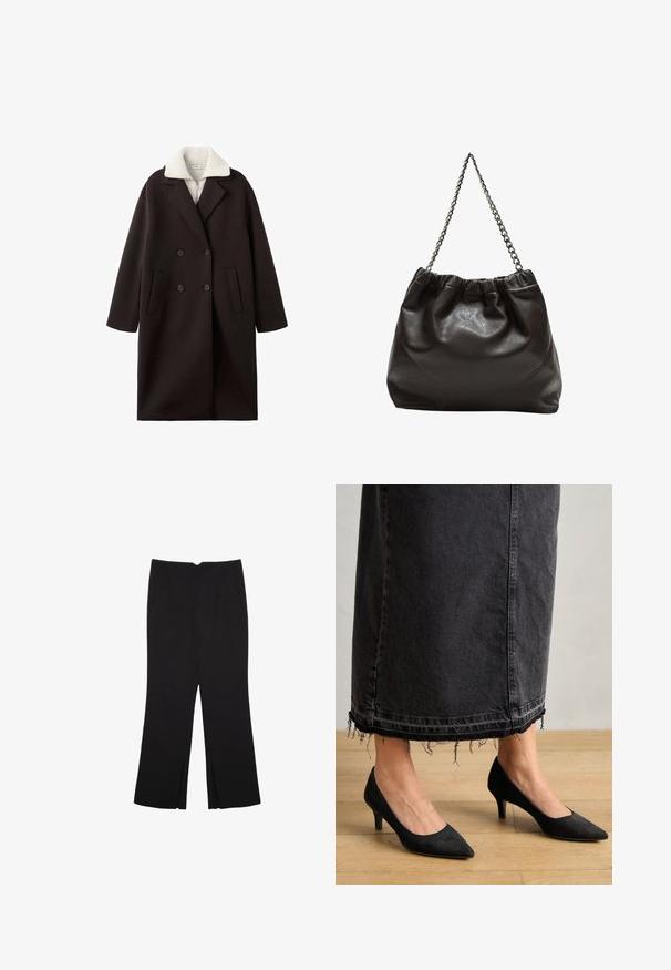 Čierny dvojradový kabát s krémovým golierom, ktorý má dve predné vrecká, strihovaný dizajn a jemnú textúru.; Hnedé, vysoký krk jednodielne plavky s tenkými, nastaviteľnými ramienkami; s vysokým strihom na nohách a hladkým povrchom. Bez vzorov alebo ozdôb.; Čierne nohavice so strihom rovného strihu, s prednými vreckami a bočnými rozparkami na leme. Vyrobené z mäkkej, hladkej tkaniny. Vhodné na rôzne príležitosti.; Čierne semišové lodičky s špicatou špičkou a 7,5 cm podpätkom, v kombinácii s dlhou tmavomodrou džínsovou sukňou so strapcovanými detailmi na leme.; Hnedá kožená taška so zberaným vrchom a reťazovým popruhom. Hladký povrch s lesklým finišom a jemným švom po stranách.