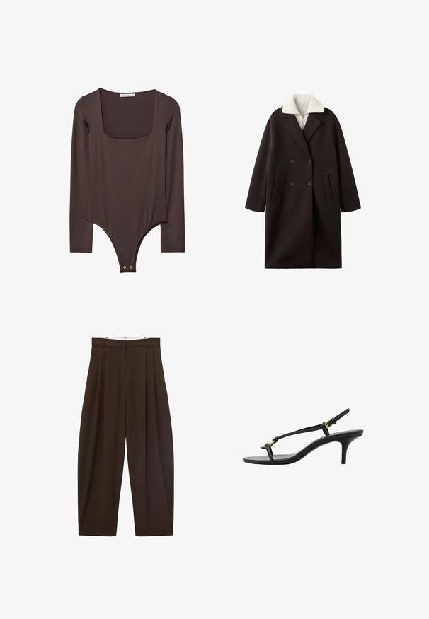 Zwarte double-breasted jas met een crèmekleurige kraag, voorzien van twee frontzakken, een op maat gemaakte uitstraling en een zachte textuur.; Bruine lange mouwen bodysuit met vierkante halslijn en drukknoopsluiting bij het kruis, gemaakt van een gladde, rekbare stof.; Bruine high-waisted broek met plooien, gemaakt van soepel materiaal. Loose fit, rechte pijpen, met riemlussen en een ritsluiting.; Zwarte leren kitten heel sandaal met dunne banden, gouden gesp en minimalistische teenlus op een witte achtergrond.