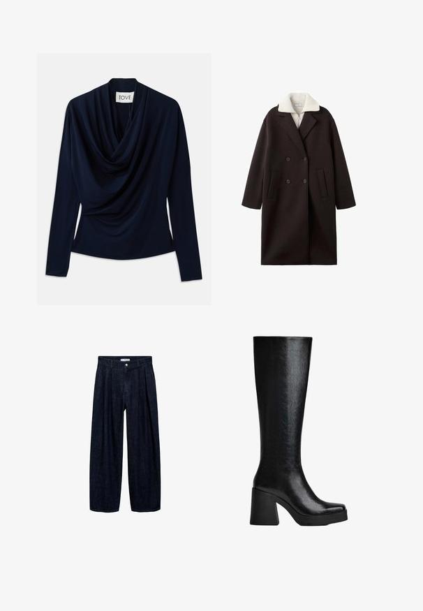 Svart dubbelknäppt kappa med krämfärgad krage, med två framfickor, skräddarsydd design och en mjuk textur.; Mörkblå långärmad topp med draperad halsringning, tillverkad av mjukt tyg. Har en figurnära silhuett och minimalistisk design. Varumärkesetikett synlig.; Mörk denim vida byxor med veck vid midjan, med en framknapp och bältesögglor. Slät textur och helängdsdesign.; Svarta knähöga stövlar gjorda av texturerat syntetmaterial, med fyrkantig tå, kraftig klack och slät, slank yta.