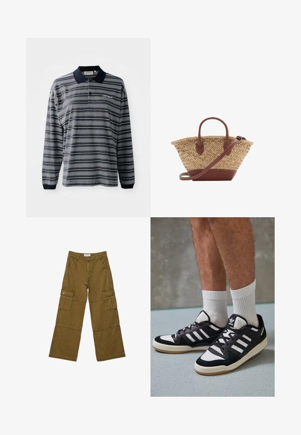 Cappotto nero doppiopetto con colletto crema, dotato di due tasche frontali, design sartoriale e texture morbida.; Polo a maniche lunghe a righe blu navy e bianche, in tessuto di cotone, con colletto, patta con tre bottoni e un piccolo logo ricamato sul petto.; Pantaloni cargo verde oliva con vestibilità ampia, realizzati in tessuto resistente. Presentano ampie tasche laterali, passanti per cintura e dettagli di cucitura discreti.; Sneaker bianco e nero con tomaia in suede e pelle, caratterizzati da tre strisce bianche, punta perforata e suola in gomma naturale.; Borsa a tracolla in paglia intrecciata con dettagli in pelle marrone, due manici e una tracolla removibile. Forma curva con una base solida.