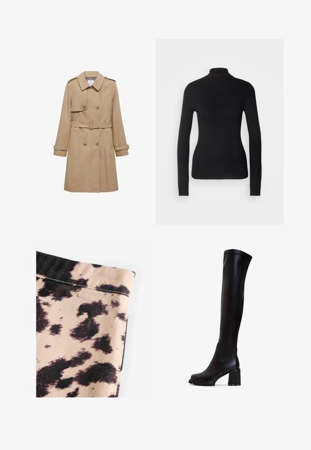 Manteau beige à double boutonnage, avec une taille ceinturée et des épaulettes. Dispose de manches longues et de poches latérales.; Pull à col roulé noir en maille légère. Il possède des manches longues, une coupe ajustée et une texture côtelée douce.; Tissu beige avec un motif imprimé vache noir, présentant une texture côtelée et des détails de couture simples. Aucun matériel ou accent visible.; Bottes en cuir noires, montant jusqu'au genou, avec un talon épais, une texture lisse et un bout rond ; présentent des détails de couture visibles sur le dessus.