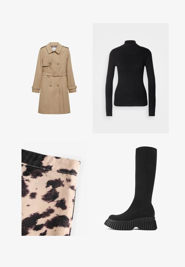 Beige trenchcoat med dubbelknäppt front, bälte vid midjan och axelklaffar. Har långa ärmar och sidofickor.; Svart polotröja i lättstickat tyg. Har långa ärmar, en figurnära design och en mjuk ribbad textur.; Beige tyg med svart ko-mönster, med ribbad textur och enkel sömdetaljering. Ingen synlig hårdvara eller accenter.; Svarta knähöga stövlar med en ribbad plattformssula och texturerad ovandel. Snygg, kroppsnära design med rund tå och utan synliga beslag.
