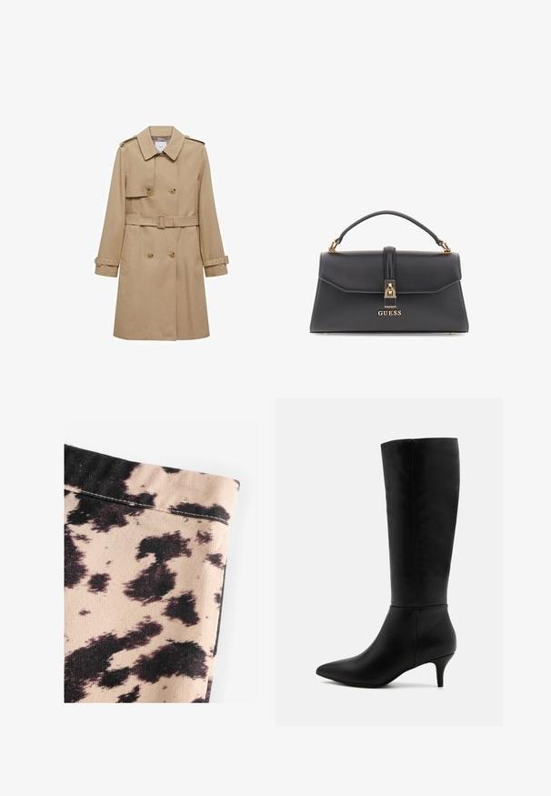 Beige trenchcoat med dubbelknäppt front, bälte vid midjan och axelklaffar. Har långa ärmar och sidofickor.; Svart polotröja i lättstickat tyg. Har långa ärmar, en figurnära design och en mjuk ribbad textur.; Beige tyg med svart ko-mönster, med ribbad textur och enkel sömdetaljering. Ingen synlig hårdvara eller accenter.; Anna Field Stövel - black; Svart handväska i konstläder med en strukturerad form, guldfärgade detaljer, ett handtag upptill och ett lås på framsidan med "GUESS"-logotyp.