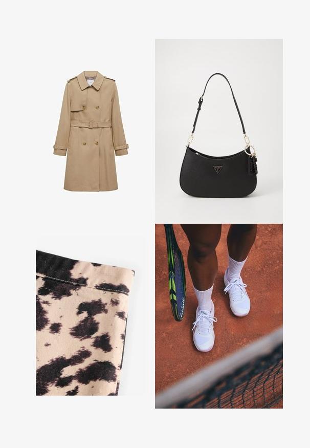 Cuaie bej cu un front cu dublă deschidere, talie în centru cu curea și epauleți pe umeri. Are mâneci lungi și buzunare laterale.; Pulover negru cu gât înalt, realizat dintr-un material tricotat ușor. Are mâneci lungi, un design ajustat și o textură moale cu caneluri.; Țesătură bej cu model de imprimeu de vacă negru, având o textură canelată și detalii de cusătură simple. Fără accesorii sau hardware vizibile.; Adidași albi de tenis cu panouri din plasă și accente roz, asociați cu șosete albe, așezați pe un teren de argilă, cu o rachetă de tenis în apropiere.; Geantă de mână sintetică neagră, cu o formă curbată, cu accesorii din aur și un logo triangular. Dispune de închidere cu fermoar și o curea ajustabilă.