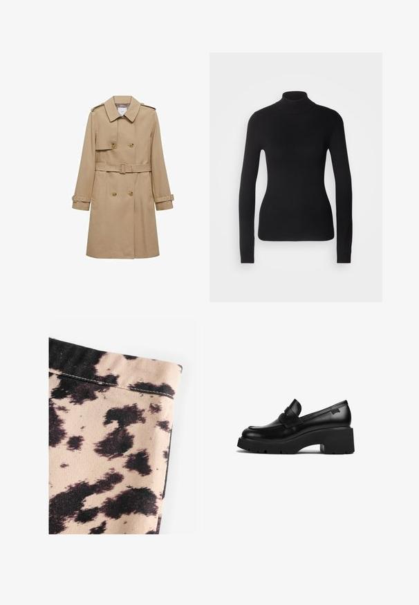 Beige trench coat med dobbeltradet front, bælte i taljen og skulderepauletter. Har lange ærmer og sidelommer.; Sort turtleneck sweater lavet af let strikket stof. Har lange ærmer, et tætsiddende design og en blød ribbet tekstur.; Beige stof med sort kvægprint mønster, der har ribbet tekstur og enkle syninger. Ingen synlig hardware eller detaljer.; Sorte læder loafers med chunky hæl, tyk sål og en remdetalje henover, vist fra siden på en hvid baggrund.