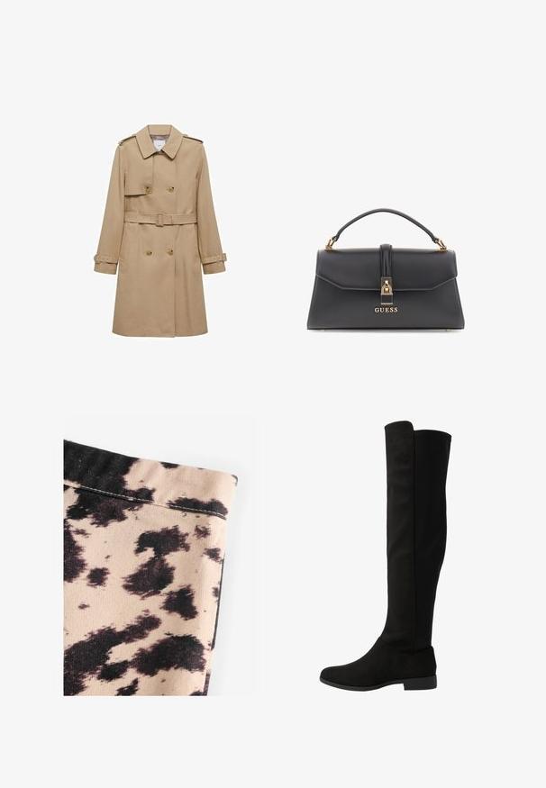 Manteau beige à double boutonnage, avec une taille ceinturée et des épaulettes. Dispose de manches longues et de poches latérales.; Pull à col roulé noir en maille légère. Il possède des manches longues, une coupe ajustée et une texture côtelée douce.; Tissu beige avec un motif imprimé vache noir, présentant une texture côtelée et des détails de couture simples. Aucun matériel ou accent visible.; Bottes noires jusqu'aux genoux avec un mélange de matériaux noirs lisses et texturés. Elles présentent une semelle plate et un design simple sans embellissements.; Sac à main noir en similicuir avec une forme structurée, accessoires en or, une poignée supérieure et un fermoir avant avec le logo "GUESS".