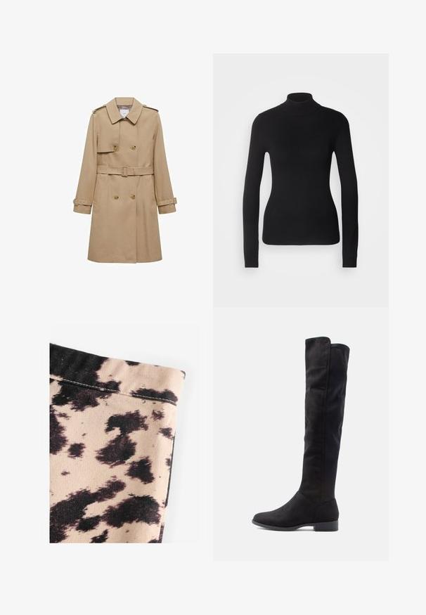 Trench coat beige con frontale doppiopetto, vita con cintura e spalline. Presenta maniche lunghe e tasche laterali.; Pullover a collo alto nero realizzato in tessuto a maglia leggero. Presenta maniche lunghe, un design aderente e una morbida texture a costine.; Tessuto beige con motivo a macchie di mucca nere, caratterizzato da una texture a coste e semplice dettagli di cucitura. Nessuna ferramenta o accenti visibili.; Stivali neri in suede al ginocchio con una texture liscia, punta tondeggiante e tacco basso a blocco; design minimalista senza accessori visibili.