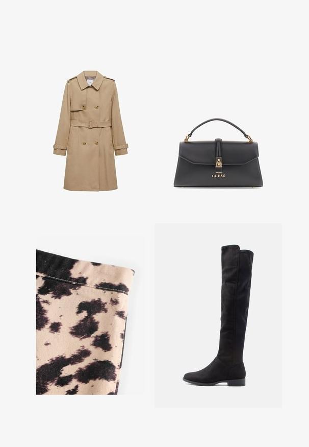 Beige trenchcoat met een dubbelzijdige voorkant, een ceintuur in de taille en schouderepauletten. Heeft lange mouwen en zijzakken.; Zwarte coltrui gemaakt van lichte brei stof. Heeft lange mouwen, een aansluitend design en een zachte ribbeltextuur.; Beige stof met zwart koeienprintpatroon, voorzien van ribbeltextuur en eenvoudige naadafwerking. Geen zichtbare hardware of accenten.; Kniehoge zwarte suède laarzen met een gladde textuur, ronde neus en een lage blokhak; minimalistisch ontwerp zonder zichtbare hardware.; Zwarte nepleren handtas met een gestructureerde vorm, gouden hardware, een handvat bovenaan en een voorste sluiting met een "GUESS" logo.