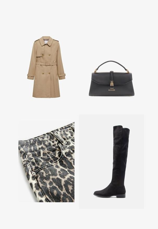 Manteau beige à double boutonnage, avec une taille ceinturée et des épaulettes. Dispose de manches longues et de poches latérales.; Pull à col roulé noir en maille légère. Il possède des manches longues, une coupe ajustée et une texture côtelée douce.; Tissu en denim à motif léopard avec des tons noirs et beige, rivets en métal, poches cousues et une conception de taille structurée.; Bottes noires en suède haute jusqu'au genou avec une texture lisse, un bout arrondi et un petit talon carré ; design minimaliste sans quincaillerie visible.; Sac à main noir en similicuir avec une forme structurée, accessoires en or, une poignée supérieure et un fermoir avant avec le logo "GUESS".