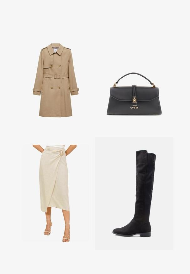 Beżowy płaszcz trench z podwójnym zapięciem, paskiem w talii i naramiennikami. Posiada długie rękawy i boczne kieszenie.; Czarny sweter z golfem wykonany z lekkiej dzianiny. Posiada długie rękawy, dopasowany krój oraz miękką ribbowaną strukturę.; Beżowa spódnica w formie owijanej, wykonana z fakturowanego lnu, z unikalnym akcentem w postaci złotego zapięcia i asymetrycznym do kolan wykończeniem.; Czarne zamszowe botki sięgające do kolan o gładkiej fakturze, zaokrąglonym nosku i niskim słupku; minimalistyczny design bez widocznych elementów metalowych.; Czarna torebka z ekoskóry o strukturalnym kształcie, z złotymi elementami, górnym uchwytem oraz zapięciem z przodu z logo "GUESS".