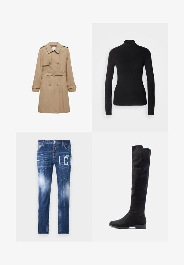 Beige trenssi takki, jossa on kaksirivinen etuosa, vyöllinen vyötärö ja olkavetimet. Ominaisuuksiin kuuluu pitkät hihat ja sivutaskut.; Musta poolapainen neuletakki, joka on valmistettu kevyestä neulekankaasta. Siinä on pitkät hihat, istuva muotoilu ja pehmeä ribsikuvio.; Farkut denim syvän sinisenä, joissa on kulutettuja yksityiskohtia, roiskeefektejä ja suurta valkoista tekstiä. Ominaisuuksina klassinen viisi-taskuinen muotoilu.; Polvisuoriset mustat mokkasaappaat, joissa on sileä pinta, pyöreä kärki ja matala lohkokanta; minimalistinen muotoilu ilman näkyviä metalliosia.