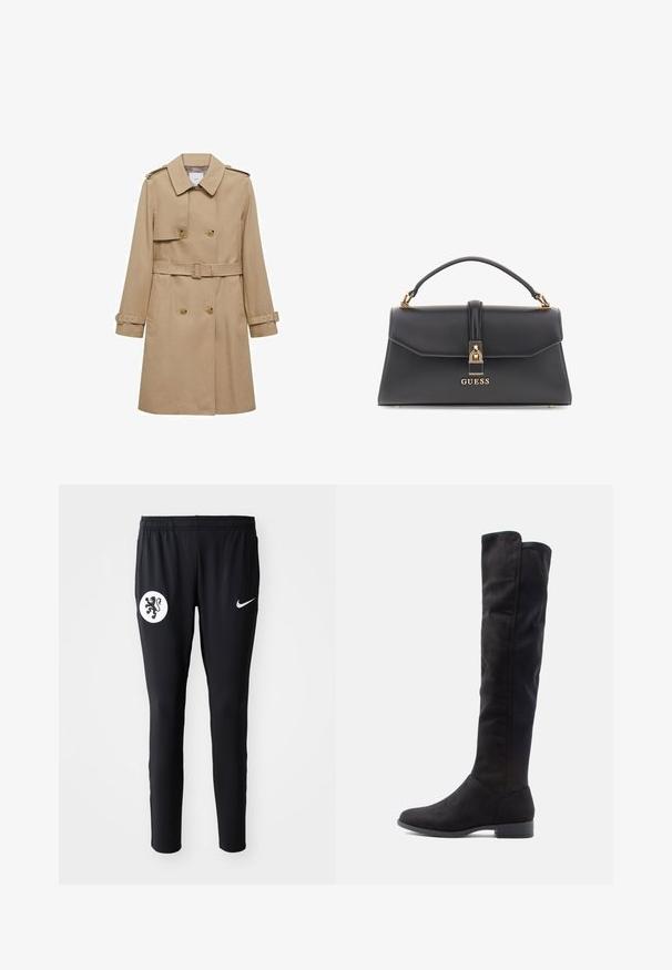 Beżowy płaszcz trench z podwójnym zapięciem, paskiem w talii i naramiennikami. Posiada długie rękawy i boczne kieszenie.; Czarny sweter z golfem wykonany z lekkiej dzianiny. Posiada długie rękawy, dopasowany krój oraz miękką ribbowaną strukturę.; Czarne spodnie sportowe z białym emblematem lwa na lewym udzie i białym logo Nike po prawej stronie. Wykonane z gładkiego, elastycznego materiału.; Czarne zamszowe botki sięgające do kolan o gładkiej fakturze, zaokrąglonym nosku i niskim słupku; minimalistyczny design bez widocznych elementów metalowych.; Czarna torebka z ekoskóry o strukturalnym kształcie, z złotymi elementami, górnym uchwytem oraz zapięciem z przodu z logo "GUESS".