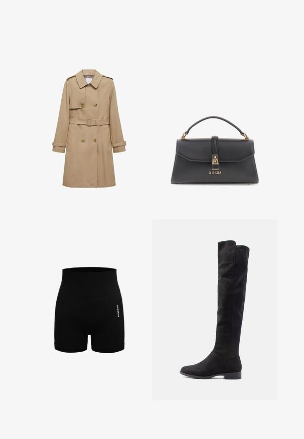 Bež trench plašč z dvojnim zapenjanjem spredaj, pasom s pasom in epauletami na ramenih. Ima dolge rokave in stranske žepe.; Črn pulover s turtleneck ovratnikom, izdelan iz lahkega pletenega materiala. Ima dolge rokave, oblikovan kroj in mehak rebrast teksturiran izgled.; Črne atletske kratke hlače iz gladkega materiala, z širokim rebrastim pasom, stranskimi šivi in malo belo logo na sprednji strani.; Črne semiš škornje do kolen z gladko teksturo, zaobljenim nosom in nizkim blokastim peto; minimalistična zasnova brez vidnih kovinskih delov.; Črna torbica iz umetnega usnja z strukturirano obliko, zlatim okovjem, zgornjim ročajem in sprednjim sponko, ki nosi logotip "GUESS".