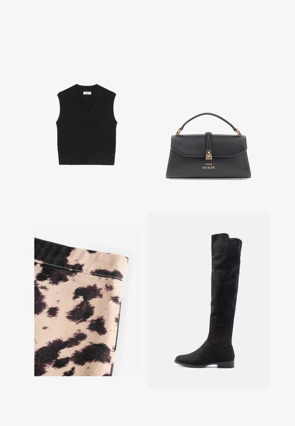 Bež trench plašč z dvojnim zapenjanjem spredaj, pasom s pasom in epauletami na ramenih. Ima dolge rokave in stranske žepe.; Črn pleten brezrokavnik z rebrasto teksturo, V-izrezom in majhno oznako blagovne znamke spredaj.; Bežna tkanina z vzorcem črne krave, z rebrasto teksturo in preprostimi šivi. Brez vidne opreme ali dodatkov.; Črne semiš škornje do kolen z gladko teksturo, zaobljenim nosom in nizkim blokastim peto; minimalistična zasnova brez vidnih kovinskih delov.; Črna torbica iz umetnega usnja z strukturirano obliko, zlatim okovjem, zgornjim ročajem in sprednjim sponko, ki nosi logotip "GUESS".