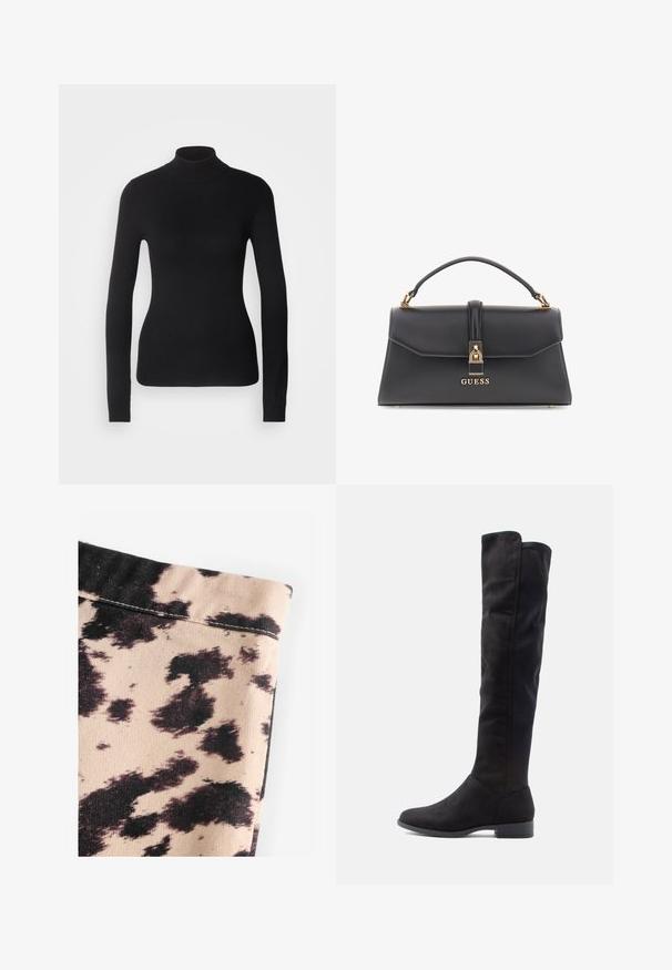 Cuaie bej cu un front cu dublă deschidere, talie în centru cu curea și epauleți pe umeri. Are mâneci lungi și buzunare laterale.; Pulover negru cu gât înalt, realizat dintr-un material tricotat ușor. Are mâneci lungi, un design ajustat și o textură moale cu caneluri.; Țesătură bej cu model de imprimeu de vacă negru, având o textură canelată și detalii de cusătură simple. Fără accesorii sau hardware vizibile.; Cizme din suede negre, până la genunchi, cu o textură fină, vârful rotund și un toc mic tip block; design minimalist fără elemente de prindere vizibile.; Geantă de mână din piele ecologică neagră, cu o formă structurată, accesorii aurii, mânere superioare și un închizător frontal cu logo-ul "GUESS".