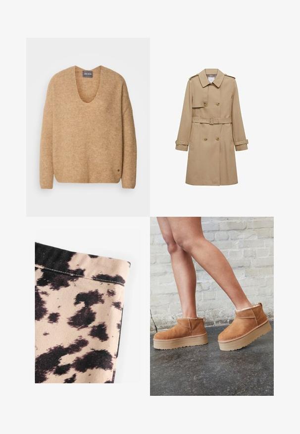 Bež trench plašč z dvojnim zapenjanjem spredaj, pasom s pasom in epauletami na ramenih. Ima dolge rokave in stranske žepe.; Bežna pletena pulover z širokim V-izrezom in spuščenimi rameni. Ima mehak material in majhen logo na spodnjem levem robu.; Bežna tkanina z vzorcem črne krave, z rebrasto teksturo in preprostimi šivi. Brez vidne opreme ali dodatkov.; Rjavi semiš škornji do gležnjev s puhastim podlogo, debelim bež platformnim podplatom in zanko na zadnji strani. Teksturirana površina z vidnimi šivi.