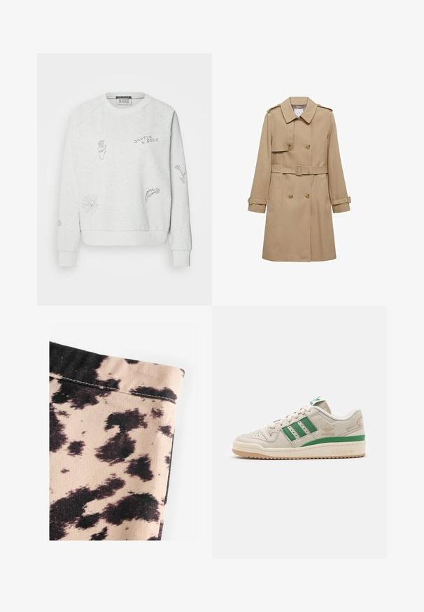 Beige trenchcoat met een dubbelzijdige voorkant, een ceintuur in de taille en schouderepauletten. Heeft lange mouwen en zijzakken.; Scotch & Soda EMBROIDERED RAGLAN RELAXED FIT - Sweater - light grey melange; Beige stof met zwart koeienprintpatroon, voorzien van ribbeltextuur en eenvoudige naadafwerking. Geen zichtbare hardware of accenten.; Adidas sneakers met een beige leren bovenwerk, groene strepen en een rubberen zool. Beschikt over een gevoerde kraag en geperforeerde neus voor ademend vermogen.
