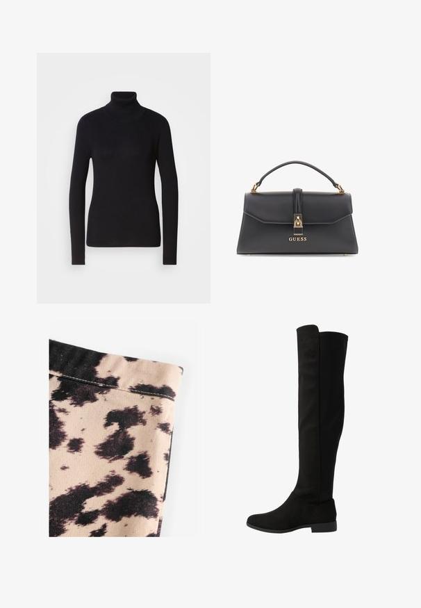 Beige trenssi takki, jossa on kaksirivinen etuosa, vyöllinen vyötärö ja olkavetimet. Ominaisuuksiin kuuluu pitkät hihat ja sivutaskut.; Musta ribbattu poolopaita pitkilla hihoilla. Valmistettu neulotuista materiaaleista, joissa on slim fit -muotoilu. Sileä pinta ja korkea kaulus.; Beige kangas mustalla lehmäkuviolla, jossa on ribbed rakenne ja yksinkertainen sauma-askartelu. Ei näkyvää metalliosaa tai koristeita.; Polvisukuiset mustat saappaat, joissa on yhdistelmä sileitä ja teksturoituja mustia materiaaleja. Varusteena on litteä pohja ja yksinkertainen muotoilu ilman koristeita.; Musta keinotekoinen nahkainen käsilaukku, jolla on rakenteellinen muoto, kultaiset varusteet, yläkahva ja etulukko, jossa on "GUESS"-logo.