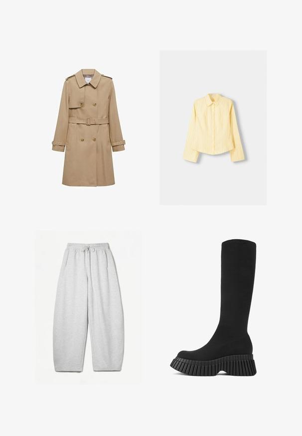 Beige trenssi takki, jossa on kaksirivinen etuosa, vyöllinen vyötärö ja olkavetimet. Ominaisuuksiin kuuluu pitkät hihat ja sivutaskut.; Keltainen raidallinen paita, jossa on pitkät hihat, terävä kaulus ja edessä nappikiinnitys. Sisältää pystysuoria sinisiä raitoja ja muotoiltua istuvuutta.; Harmaat rentosäärystimet, joissa on rento istuvuus, joustava vyötärö, nyöri ja sivutaskut; valmistettu pehmeästä, teksturoidusta kankaasta.; Mustat polven yli ulottuvat saappaat, joissa on uritettu pohja ja teksturoitu päällinen. Sleek, vartalonmyötäinen muotoilu, pyöristetty kärki ja ilman näkyvää metalliosaa.