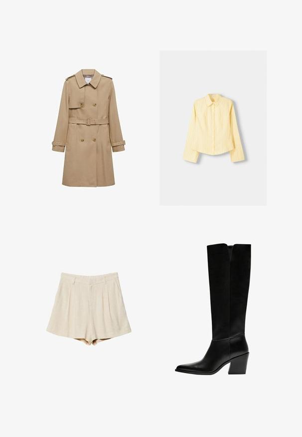 Beżowy płaszcz trench z podwójnym zapięciem, paskiem w talii i naramiennikami. Posiada długie rękawy i boczne kieszenie.; Żółta koszula w paski z długimi rękawami, z ostrym kołnierzykiem i zapięciem na guziki z przodu. Posiada pionowe niebieskie paski i dopasowany krój.; Beżowe szorty lniane z plisami, płaskim pasem i bocznymi kieszeniami. Tkanina ma miękką strukturę oraz dopasowany, prosty krój.; Czarne kozaki do kolan wykonane z gładkiej skóry, z ostro zakończonym noskiem, blokowym obcasem i wycięciem w kształcie litery V na górze.