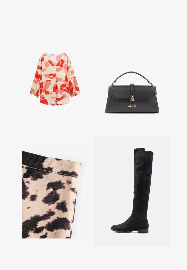 Beige Trenchcoat mit doppeltknöpfbarer Vorderseite, tailliertem Gürtel und Schulterklappen. Verfügt über lange Ärmel und Seitentaschen.; Leichte, cremefarbene Bluse mit auffälligen roten und rosa abstrakten Mustern, V-Ausschnitt und langen Ärmeln mit elastischen Bündchen. Mit Knopfdetails.; Beige Stoff mit schwarzem Kuhfleckenmuster, ausgestattet mit geriffelter Textur und schlichten Nahtdetails. Keine sichtbaren Beschläge oder Akzente.; Knielange schwarze Wildlederstiefel mit glatter Textur, runder Zehenpartie und niedrigem Blockabsatz; minimalistisches Design ohne sichtbare Beschläge.; Schwarze Taschen aus Kunstleder mit strukturiertem Design, goldenen Beschlägen, einem oberen Griff und einem Frontverschluss mit einem "GUESS"-Logo.