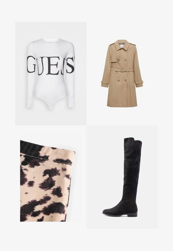 Beżowy płaszcz trench z podwójnym zapięciem, paskiem w talii i naramiennikami. Posiada długie rękawy i boczne kieszenie.; Biały bodysuit z długim rękawem wykonany z elastycznego materiału, z dużym czarnym logo "GUESS" na klatce piersiowej i rękawach.; Beżowa tkanina w czarny wzór w krowie cętki, z żebrowaną teksturą i prostym przeszyciem. Brak widocznych elementów metalowych ani akcentów.; Czarne zamszowe botki sięgające do kolan o gładkiej fakturze, zaokrąglonym nosku i niskim słupku; minimalistyczny design bez widocznych elementów metalowych.
