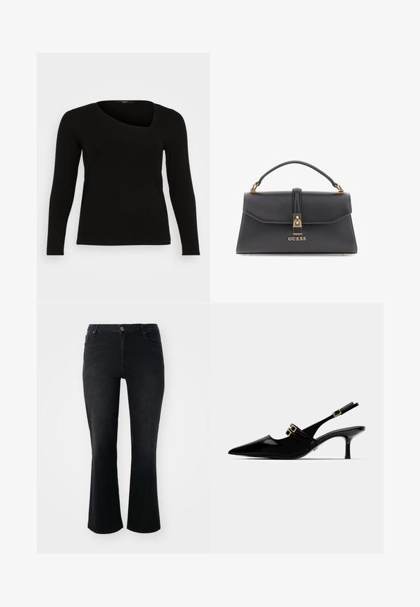 Beige trenchcoat met een dubbelzijdige voorkant, een ceintuur in de taille en schouderepauletten. Heeft lange mouwen en zijzakken.; Zwarte longsleeve top van ribstof met een asymmetrische halslijn en een getailleerd ontwerp. Gladde textuur met een slanke silhouette.; Zwarte denim jeans met een middelhoge taille, een knoop aan de voorkant, twee voorkruiszakken, twee achterzakken en een flared model.; Zwarte lakleren slingback hakken met een spitse neus, voorzien van dubbele gouden gespsluitingen en een slanke stilettoklomp.; Zwarte nepleren handtas met een gestructureerde vorm, gouden hardware, een handvat bovenaan en een voorste sluiting met een "GUESS" logo.