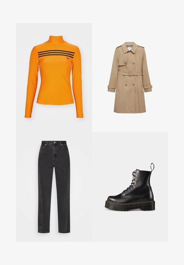 Beige Trenchcoat mit doppeltknöpfbarer Vorderseite, tailliertem Gürtel und Schulterklappen. Verfügt über lange Ärmel und Seitentaschen.; adidas Originals LS 3S - Langarmshirt - unity orange; Schwarze Denim-Jeans mit geradem Bein, hoher Taille, vorderem Knopf und Reißverschluss sowie fünf Taschen auf weißem Hintergrund.; Schwarze Leder-Schnürstiefel mit knöchelhohem Schaft, einer robusten schwarzen Sohle und gelben Nähten. Verfügt über eine Lasche hinten und runde Metallösen.