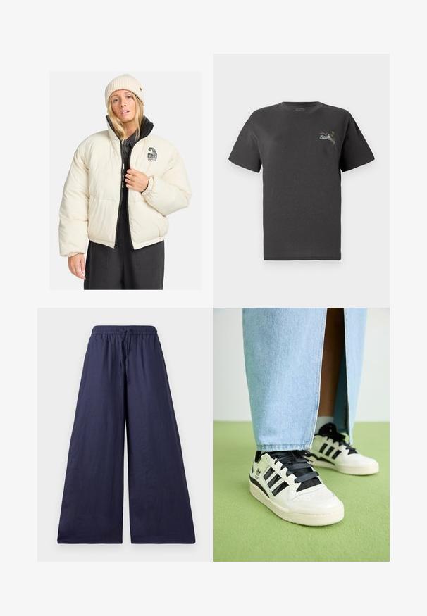 Crème-kleurige pufferjack met een rits aan de voorkant, ribgebreide manchetten en een logo op de linkerborst. Zwarte voering en cropped ontwerp.; Grijze katoenen t-shirt met korte mouwen. Heeft een klein multicolored geborduurd ontwerp op de borst met de tekst "Billing." Klassieke pasvorm.; Navy kleurige wijde broek met een elastische tailleband, trekkoord en zachte, lichte stof. Eenvoudig, vloeiend ontwerp zonder versieringen.; Witte leren sneakers met zwarte accenten en veters. Heeft drie zwarte strepen, een geperforeerde teen en een gestructureerde rubberen zool.