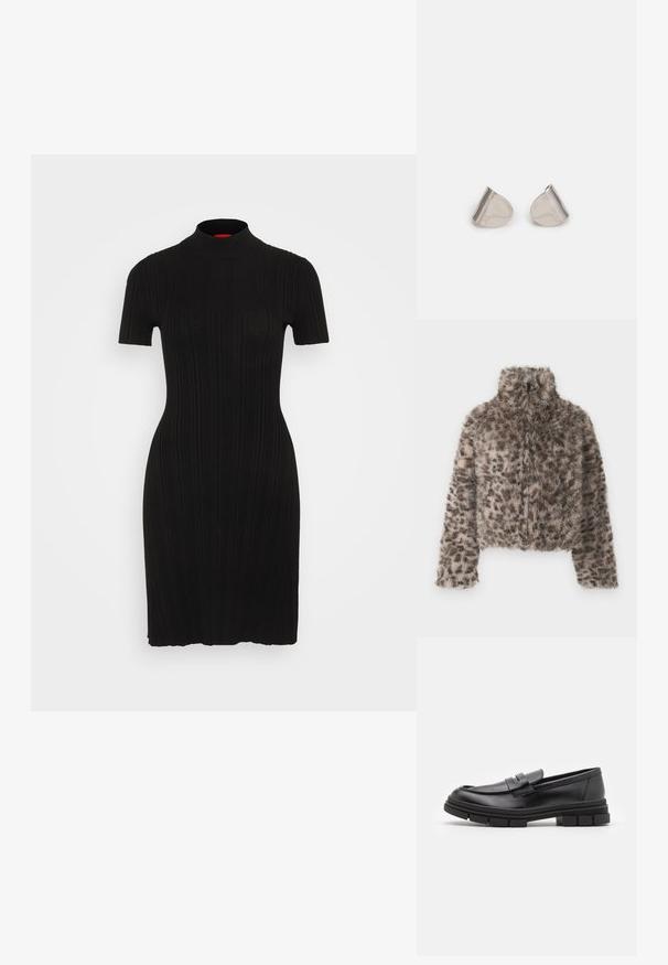 Gekürzte Kunstfelljacke mit hohem Kragen. Braun-beige Leopardenmuster mit weicher, flauschiger Textur. Verfügt über lange Ärmel und einen Reißverschluss.; Schwarzes, geripptes Kleid mit hohem Kragen und kurzen Ärmeln. Entworfen mit einer figurbetonten Silhouette und einer glatten Textur. Keine auffälligen Muster oder Akzente.; Schwarze Lederloafer mit glatter Oberfläche, ausgestattet mit einem vorderen Riemendetail und einer klobigen Gummisohle mit gerippten Akzenten.; Silberne Metalohrringe mit einer glatten, tröpfchenförmigen Form und einer polierten Oberfläche. Subtile Gravuren fügen Details hinzu. Minimalistisches Design.