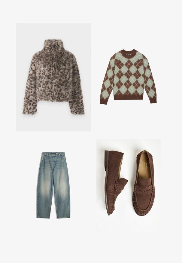 Giacca accorciata in pelliccia sintetica con colletto alto. Stampa leopardata marrone e beige con una texture morbida e pelosa. Presenta maniche lunghe e chiusura con zip.; Maglione marrone e verde menta con motivo argyle, realizzato in morbido tessuto, dotato di un collo girocollo a coste e maniche lunghe.; Jeans larghi blu sbiaditi con tasche frontali, passanti per cintura, chiusura con zip e bottone, distesi su uno sfondo bianco.; Mocassini in suede marrone con tacco piatto, dotati di un design plissettato e accenti cuciti. L'interno ha una fodera di colore chiaro.