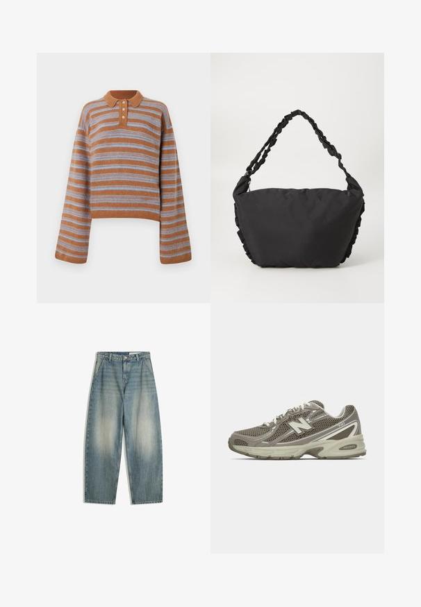 Veste en fausse fourrure raccourcie avec un col montant. Imprimé léopard marron et beige avec une texture douce et duveteuse. Comprend des manches longues et une fermeture éclair.; Pull en maille à rayures horizontales marron et bleu clair, à manches longues, avec col et patte de boutonnage à trois boutons, présenté à plat sur un fond blanc.; Jean bleu à jambes larges et décolorées avec poches avant, passants de ceinture, fermeture à glissière et bouton, à plat sur un fond blanc.; Chaussure de sport en maille grise et beige avec une surface texturée, dotée d'une semelle rembourrée, de lacets blancs et de détails réfléchissants argentés.; Sac en tissu noir avec un corps structuré et doux, orné de volants sur les côtés. Il dispose d'une sangle tressée pour le port.