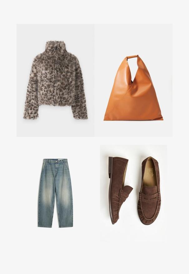 Rövidített, műszőrme dzseki magas gallérral. Barna és bézs leopárd mintával, puha, bolyhos textúrával. Teljes hosszúságú ujjakkal és cipzáros záródással rendelkezik.; Krém színű, hosszú ujjú póló, amelynek élénk piros szövege olvasható: "COPENHAGEN" íves kialakításban. Puha pamut anyag. Normál szabás.; Kék, széles szárú, halványított farmernadrág elülső zsebekkel, övhurkokkal, cipzárral és gombos záródással, fehér háttéren vízszintesen elhelyezve.; Barna velúr loaferek lapos sarokkal, redőzött mintával és varrott részletekkel. A belső része világos színű béléssel rendelkezik.; Sima bőrből készült, háromszög alakú kézitáska rövid, kerek fogantyúval és puha, lágy szerkezettel, fehér háttér előtt.