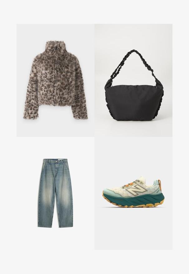 Gekürzte Kunstfelljacke mit hohem Kragen. Braun-beige Leopardenmuster mit weicher, flauschiger Textur. Verfügt über lange Ärmel und einen Reißverschluss.; Cremfarbendes Langarm-T-Shirt mit auffälligem roten Text, der "KOPENHAGEN" in einem gewölbten Design zeigt. Weiches Baumwollmaterial. Normale Passform.; Blaue weit geschnittene, verblasste Jeans mit Vorderentaschen, Gürtelschlaufen, Reißverschluss und Knopfverschluss, flach auf einem weißen Hintergrund ausgelegt.; Herren-Laufschuh mit einem leichten Mesh-Obermaterial in Creme und Teal, einer gepolsterten türkisfarbenen Sohle und orangen Schnürsenkeln mit reflektierenden Details.; Schwarze Stofftasche mit einem weichen, strukturierten Körper und Rüschenverzierungen an den Seiten. Sie hat einen geflochtenen Tragegurt.