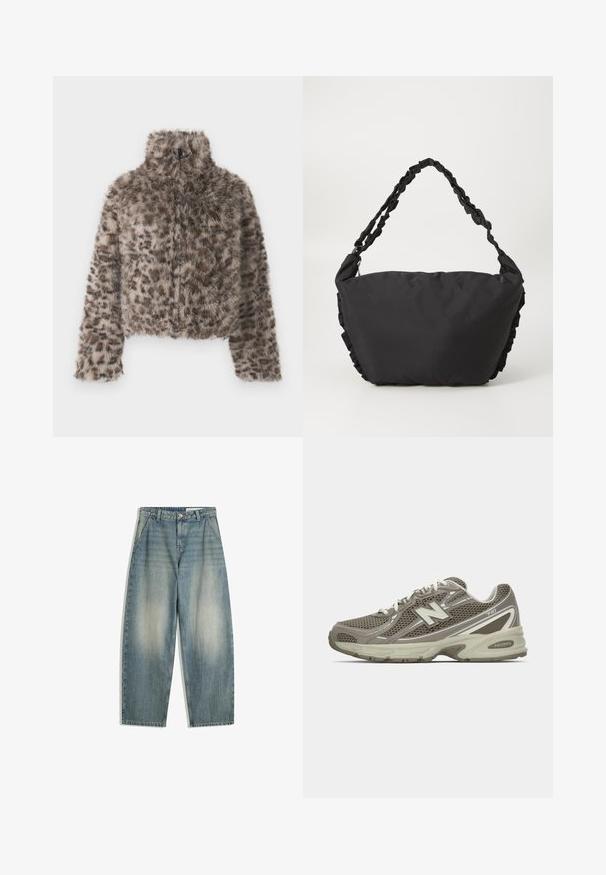 Kratka jakna iz umetnega krzna z visokim ovratnikom. Rjav in bež leopardski vzorec z mehak, puhastim teksturo. Ima dolge rokave in zadrgo.; Kremna majica z dolgimi rokavi z drznim rdečim napisom "KOPENHAGEN" v ukrivljenem oblikovanju. Mehko bombažno blago. Standardna prileganje.; Modre široke jeans hlače z blago zbledelim učinkom, s sprednjimi žepi, zankami za pas, zadrgo in gumbom, položene na beli podlagi.; Atletski čevlji v sivo-bež mrežastem materialu z teksturirano površino, z oblazinjenim podplatom, belimi vezalkami in reflektivnimi srebrnimi detajli.; Črna tkaninska torba z mehkobnim, strukturiranim telesom in nabranim okrasjem ob straneh. Ima pleteno zanko za nošenje.