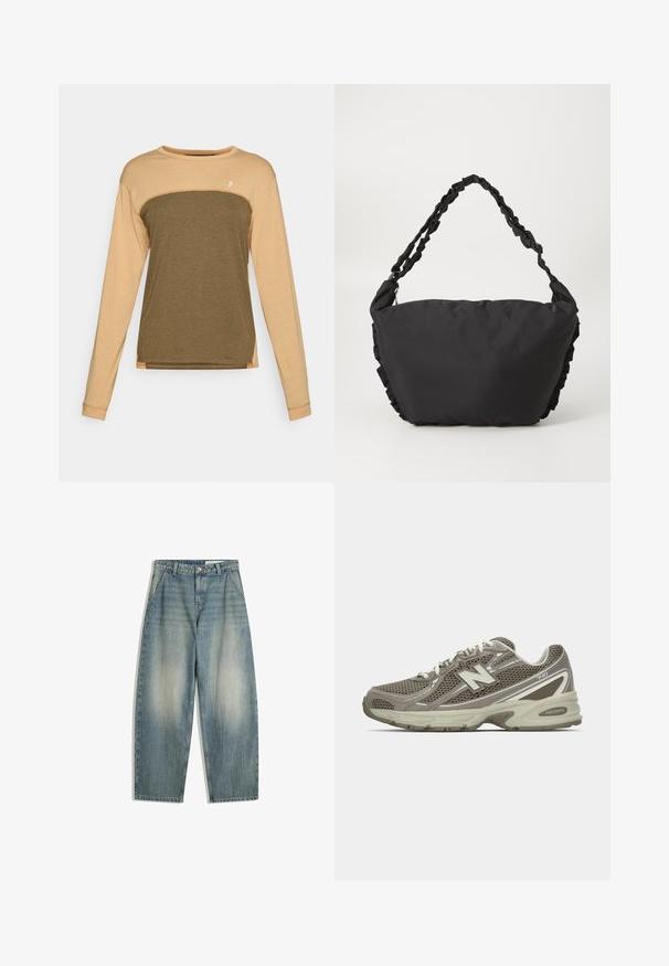 Skraćena jakna od umjetnog krzna s visokim ovratnikom. Smeđa i bež leopardska uzorak s mekom, pahuljastom teksturom. Ima dugačke rukave i zatvaranje na zip.; Majica dugih rukava sa bež gornjim delom i tamno maslinastozelenim donjim delom. Meki, teksturirani materijal sa kontrastnim šavovima na ramenima.; Plave široke izblijedjele traperice s prednjim džepovima, petljama za remen, zatvaranjem na patentni zatvarač i gumb, položene ravno na bijeloj pozadini.; Atletska cipela u sivo-bež mrežastom materijalu sa teksturiranom površinom, koja ima udoban potplat, bijele vezice i reflektirajuće srebrne akcentne detalje.; Crna tkanina torba s mekim, strukturiranim tijelom i nabranim detaljima duž strana. Ima pleteni remen za nošenje.