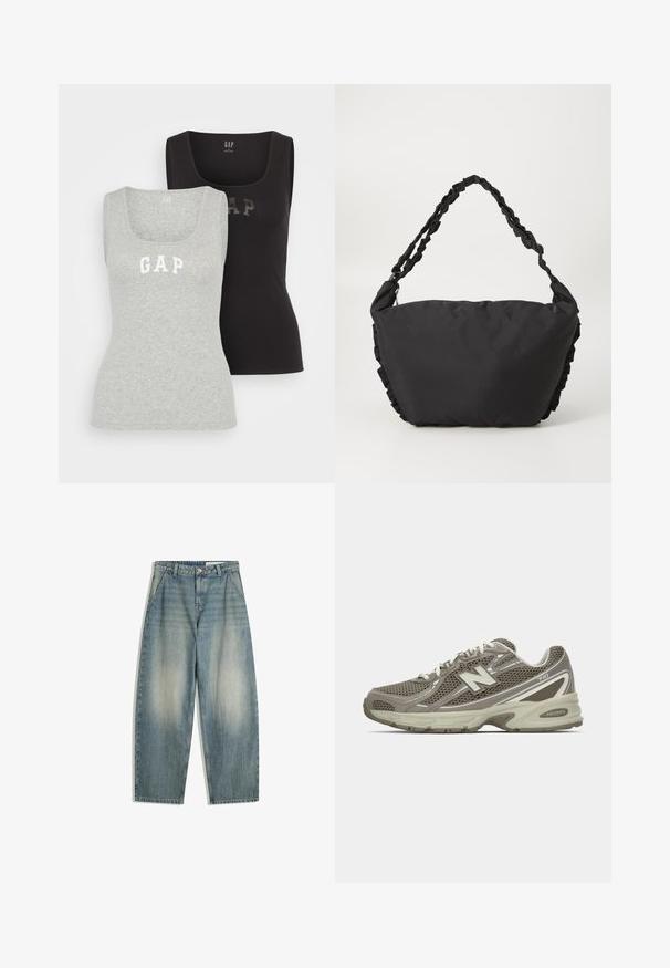 Giacca accorciata in pelliccia sintetica con colletto alto. Stampa leopardata marrone e beige con una texture morbida e pelosa. Presenta maniche lunghe e chiusura con zip.; GAP TANK 2 PACK - Top - black/grey; Jeans larghi blu sbiaditi con tasche frontali, passanti per cintura, chiusura con zip e bottone, distesi su uno sfondo bianco.; Scarpa sportiva in rete grigia e beige con una superficie testurizzata, dotata di una soletta ammortizzata, lacci bianchi e dettagli riflettenti argentati.; Borsa di stoffa nera con un corpo morbido e strutturato e dettagli arruffati lungo i lati. Presenta una tracolla intrecciata per il trasporto.