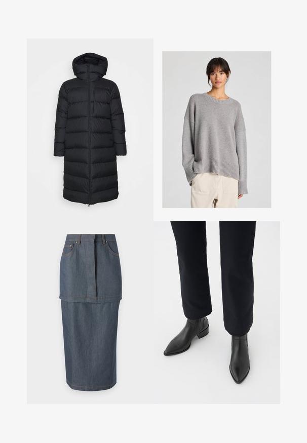 Geacă puf neagră cu glugă, cu un croi drept, model matlasat orizontal și închidere cu fermoar frontal. Material neted, ușor.; Pulover gri tricotat, cu o croială lejeră, decolteu rotund, manșete și tiv ribbat. Textură moale cu un model de tricotare subtil. Asortat cu pantaloni deschiși.; Fustă din denim cu o nuanță albastru închis, cu buzunare frontale, talie ajustată și o croială până la genunchi, accentuată de cusături contrastante.; Bocanci din piele neagră, până la gleznă, cu vârf ascuțit, toc pătrat și panouri laterale texturate, purtați cu pantaloni închiși la culoare, pe un fundal alb.