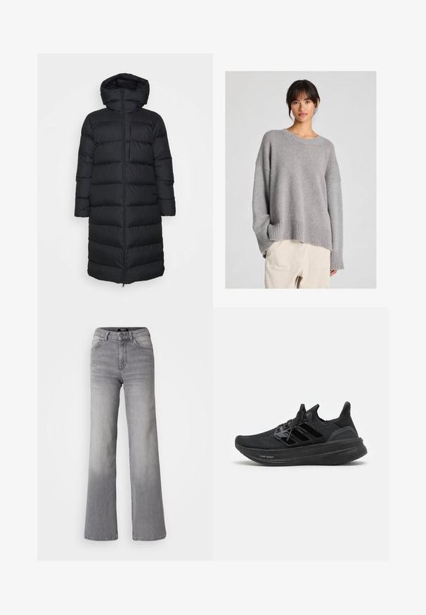 Black puffer coat with a hood, featuring a straight cut, horizontal quilted pattern, and a front zip closure. Smooth, lightweight fabric.; Grey knitted sweater with a relaxed fit, round neckline, ribbed cuffs, and hem. Soft texture with a subtle knit pattern. Paired with light trousers.; High-waisted straight-leg gray denim jeans with front button and zipper, front and back pockets, and faded shading on thighs and calves.; Black athletic shoes with a breathable knit upper, textured design, trademark three stripes, and a thick, cushioned sole labeled "LIGHT BOOST."