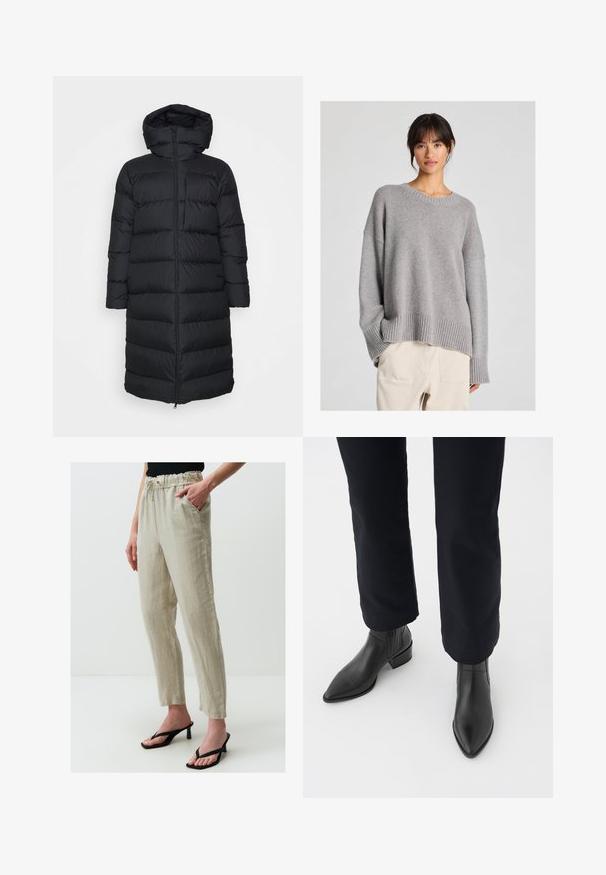 Zwarte gewatteerde jas met capuchon, met een rechte snit, horizontaal gestikt patroon en een ritsluiting aan de voorkant. Glad, lichtgewicht materiaal.; Grijze gebreide trui met een ontspannen pasvorm, ronde halslijn, geribde manchetten en zoom. Zachte textuur met een subtiel breipatroon. Gecombineerd met lichte broeken.; Jimmy Key HIGH WAIST WITH WAIST TIES - Broek - beige; Zwarte leren enkellaarsjes met een spitse neus, blokhak en textuurpanelen aan de zijkanten, gedragen met donkere broeken tegen een witte achtergrond.