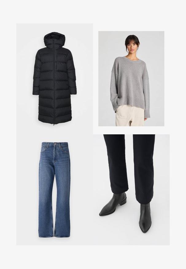 Melna pūkainā jaka ar kapuci, ar taisnu griezumu, horizontālu quiltēšanas rakstu un priekšējo rāvējslēdzēja aizdari. Gluda, viegla auduma.; Pelēks adījuma džemperis ar brīvu piegriezumu, apaļu kakla izgriezumu, svītrainām piedurknēm un apakšmalu. Mīksta tekstūra ar smalku adījuma rakstu. Kombinēts ar gaišiem biksēm.; Zilas džinsu bikses ar augstu jostasvietu, plašu kāju siluetu, klasisku piecu kabatu dizainu un maigu izbalēšanu visā audumā.; Melni ādas potīšu zābaki ar norādītu purngalu, blokveida papēdi un teksturētām sānu daļām, valkāti ar tumšām biksēm uz balta fona.