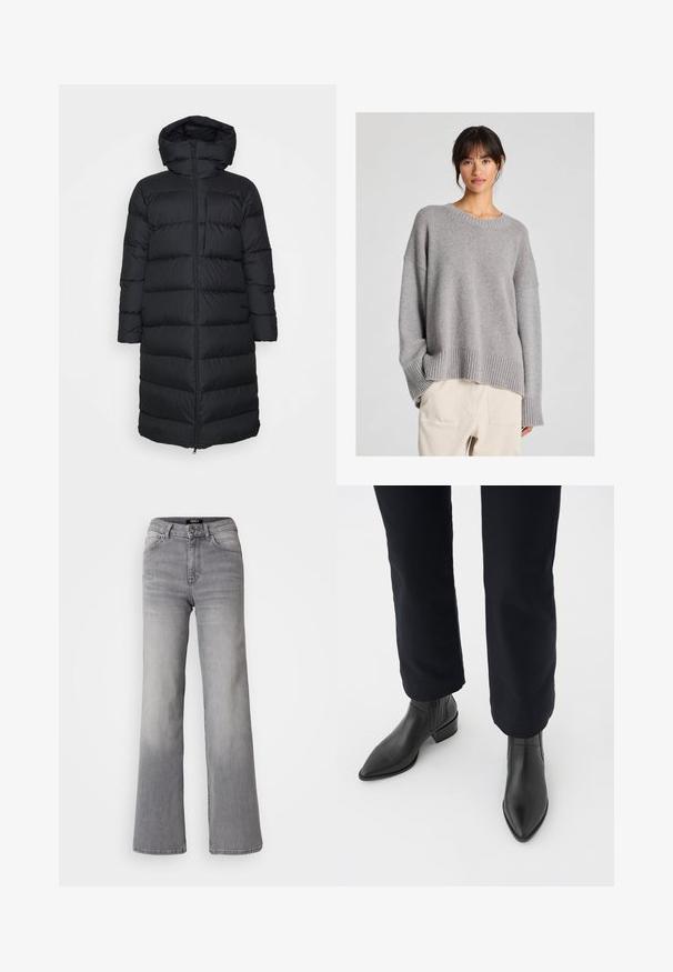 Mustapuffer-takki hupulla, jossa suora leikkaus, vaakasuora tikkauskuvio ja vetoketjusuljenta edessä. Sileä, kevyt kangas.; Harmaa neulottu villapaita, jossa on rento malli, pyöreä pääntie, ribbireunat hihoissa ja helmassa. Pehmeä rakenne ja hillitty neulekuvio. Yhdistetty vaaleisiin housuihin.; Vaaleanharmaat korkeavyötäröiset suorat farkut etupainikkeella ja vetoketjulla, etu- ja takataskuilla, sekä haalistuneet varjostukset reisissä ja pohkeissa.; Musta nahkasaapas nilkkamalli, jossa on terävä kärki, blokkikorko ja karheat sivupaneelit, yhdistettynä tummiin housuihin valkoista taustaa vasten.