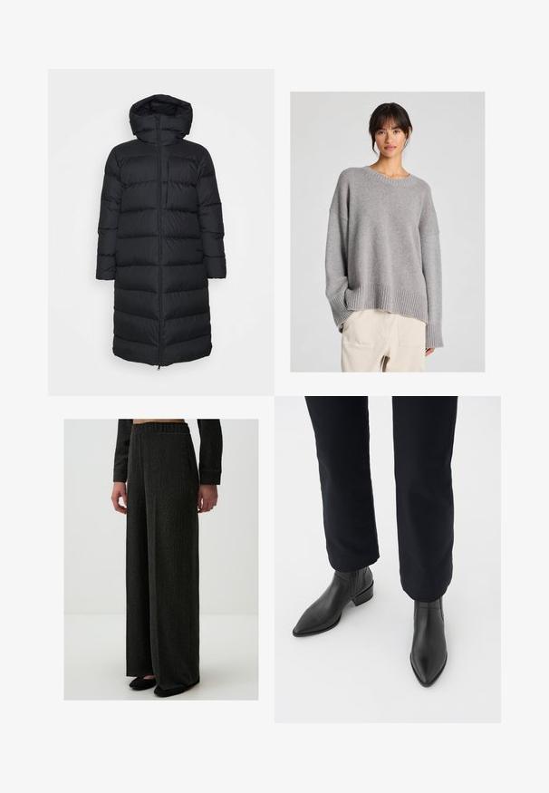Czarna kurtka puchowa z kapturem, o prostym kroju, poziomym pikowaniem i zapięciem na zamek błyskawiczny z przodu. Gładki, lekki materiał.; Szary dzianinowy sweter o luźnym kroju, okrągłym dekolcie, prążkowanych mankietach i dolnym wykończeniu. Miękka tekstura z delikatnym wzorem dzianiny. W zestawie z jasnymi spodniami.; Czarne szerokie spodnie z prążkowanej tkaniny, z elastycznym pasem i bocznymi kieszeniami, pokazane z płaskimi czarnymi butami. Miękka tekstura i luźny krój.; Czarne skórzane botki za kostkę z ostrym noskiem, block heel oraz teksturowanymi bocznymi panelami, noszone z ciemnymi spodniami na białym tle.