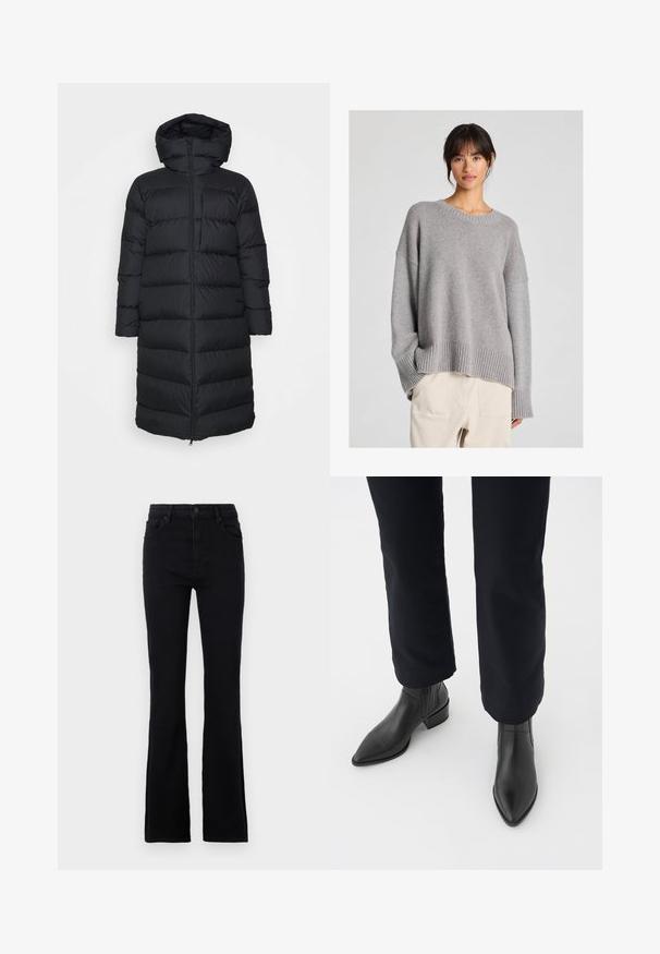 Black puffer coat with a hood, featuring a straight cut, horizontal quilted pattern, and a front zip closure. Smooth, lightweight fabric.; Grey knitted sweater with a relaxed fit, round neckline, ribbed cuffs, and hem. Soft texture with a subtle knit pattern. Paired with light trousers.; Black flared jeans made of cotton blend fabric. Features a button closure, belt loops, and two front pockets for practical use.; Black leather ankle boots with a pointed toe, block heel, and textured side panels, worn with dark pants against a white background.